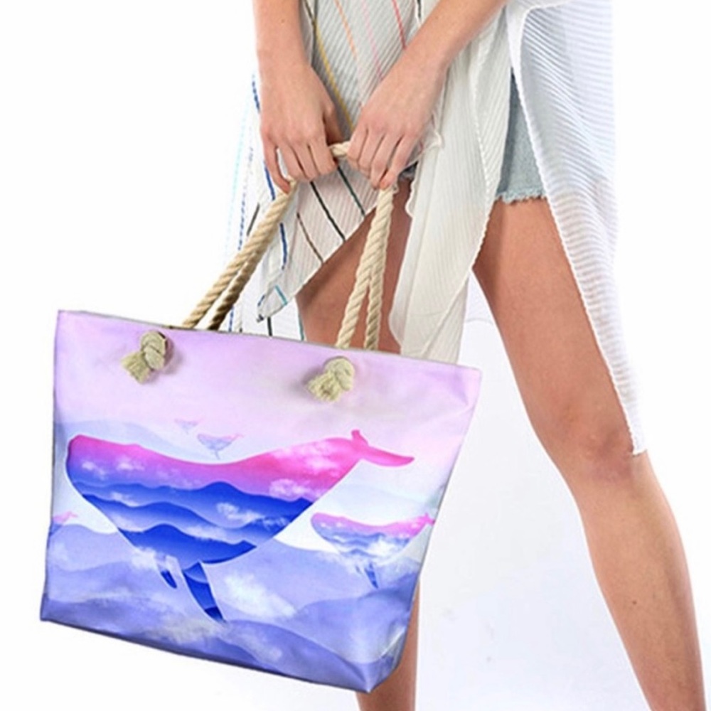 New! Ombré Ocean Whale Rope Handle Tote Travel Bag Beach with pocket - Picture 12 of 12
